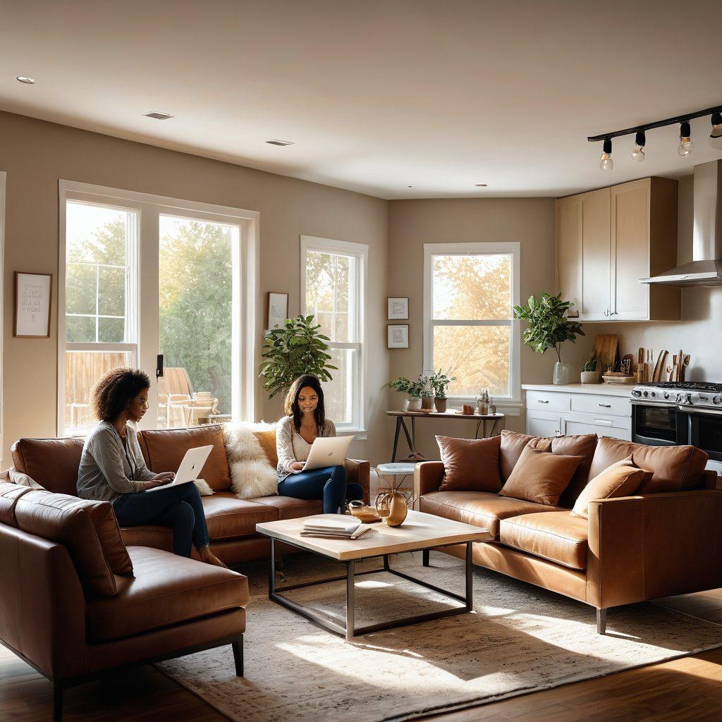 A cozy, modern living room with a welcoming atmosphere, featuring a couple discussing finances at a stylish coffee table, surrounded by mortgage loan calculators and financial tools on their laptops. Sunlight streams through large windows, illuminating a wall with inspiring homeownership quotes. In the background, a soft-focus image of a dream home can be seen. super-realistic. warm colors. inviting atmosphere.