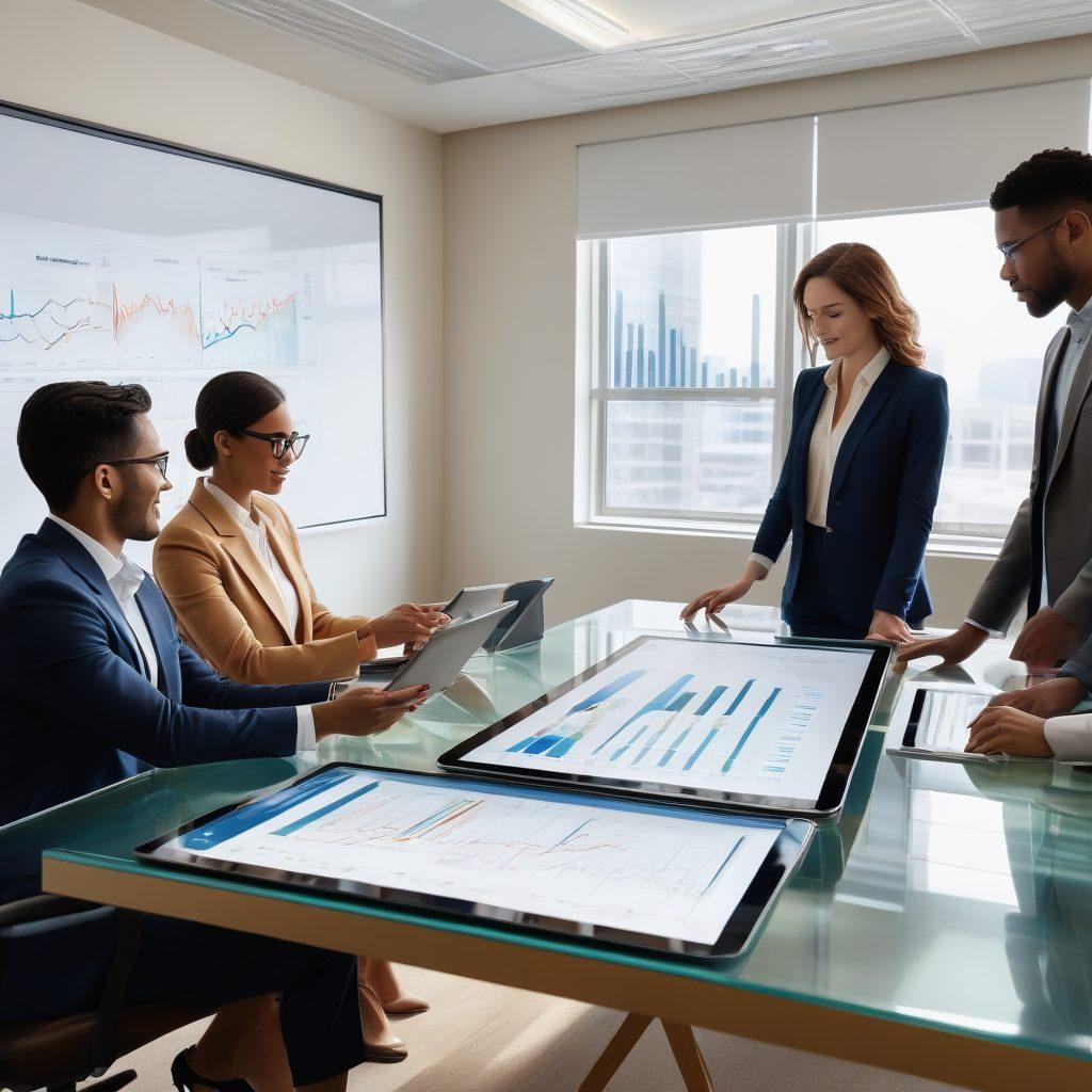 A dynamic scene showcasing a diverse group of individuals engaging with high-tech financial planning tools, such as tablets and charts, in a modern office environment. Incorporate elements like graphs indicating rising property values, blueprints of properties, and a digital tablet displaying investment strategies. Overlay a warm, inviting color palette to invoke a sense of empowerment and optimism. super-realistic. vibrant colors. modern style.